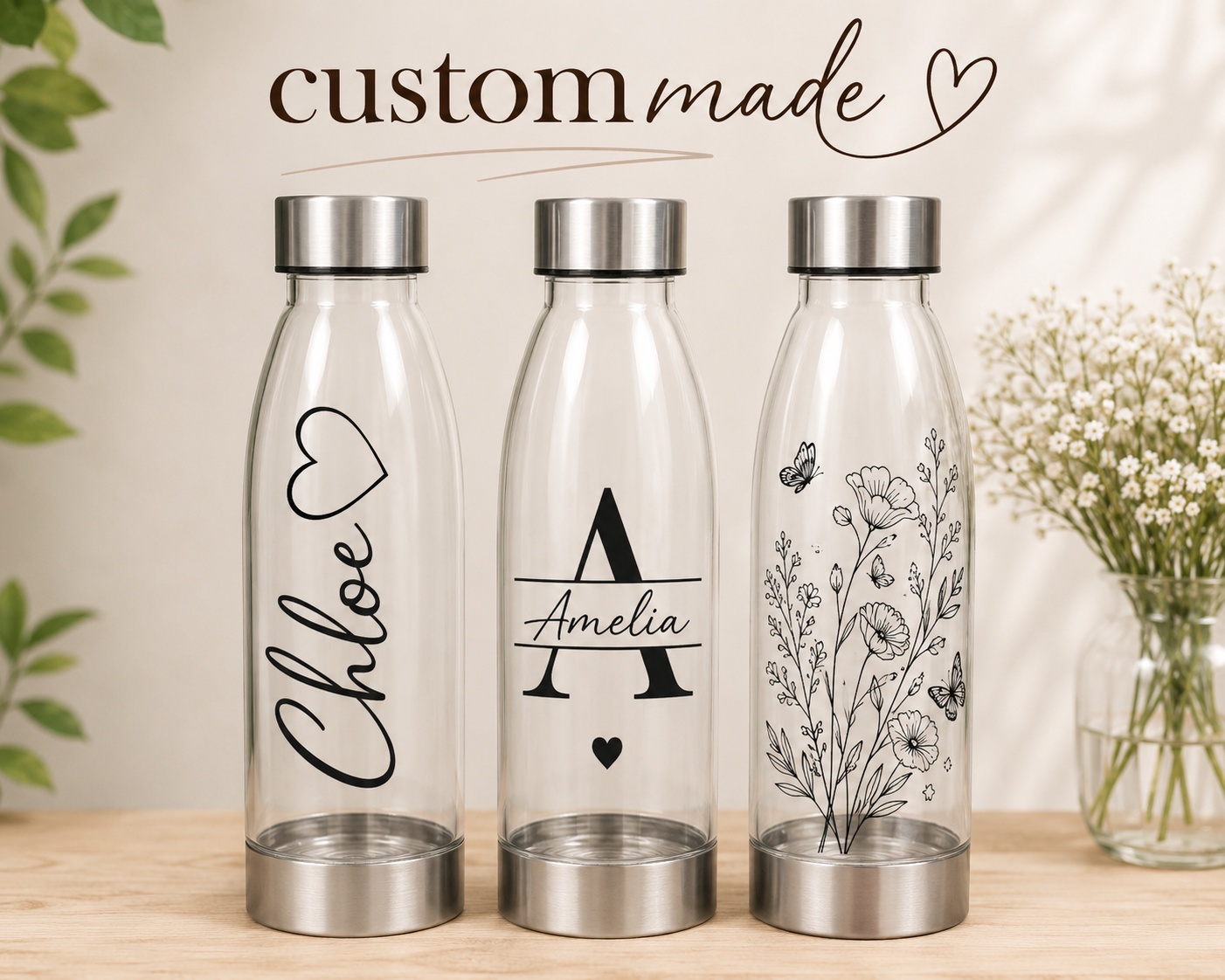 Clear Water Bottles Personalized with Permanent Vinyl